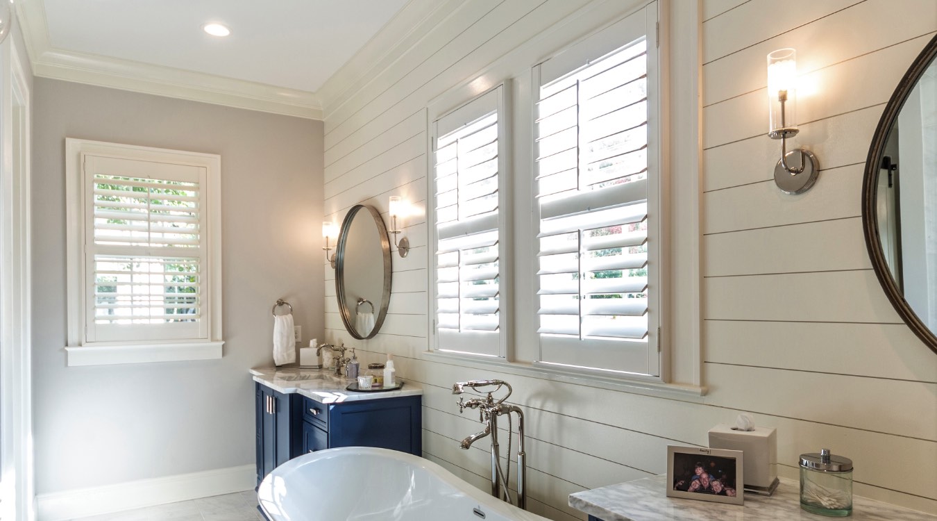 San Jose bathroom with white plantation shutters.