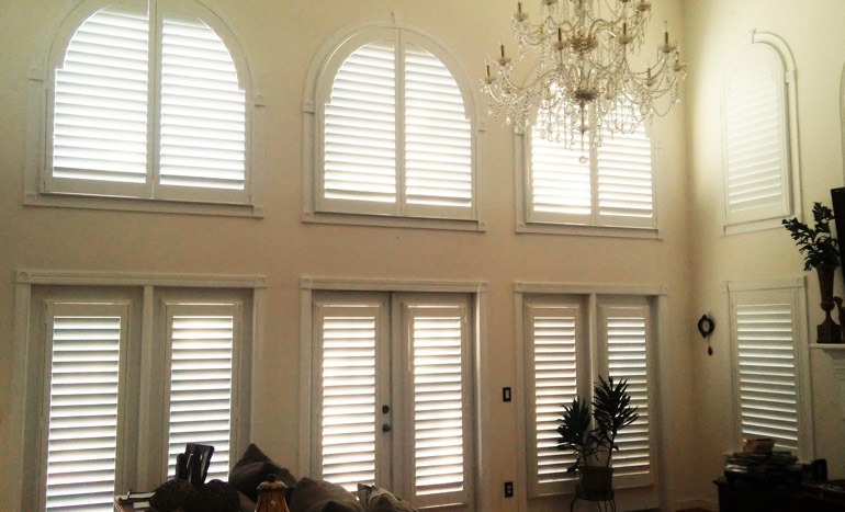 Window Treatments For High Windows In San Jose Sunburst Shutters Great Room In Two Story San Jose Home With Plantation Shutters On High Windows