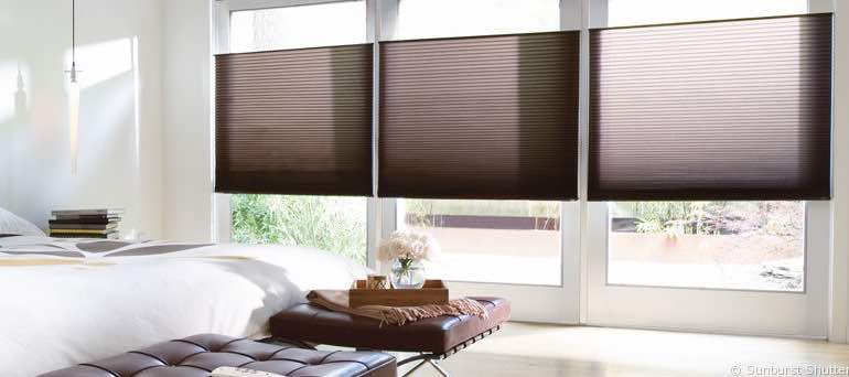 Window Treatments For High Windows In San Jose Sunburst Shutters Automatic Shades Make High Ceiling Windows Simple