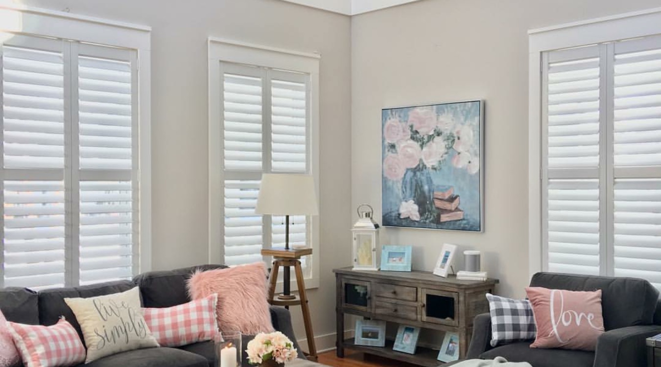 Plantation shutters in cozy living room