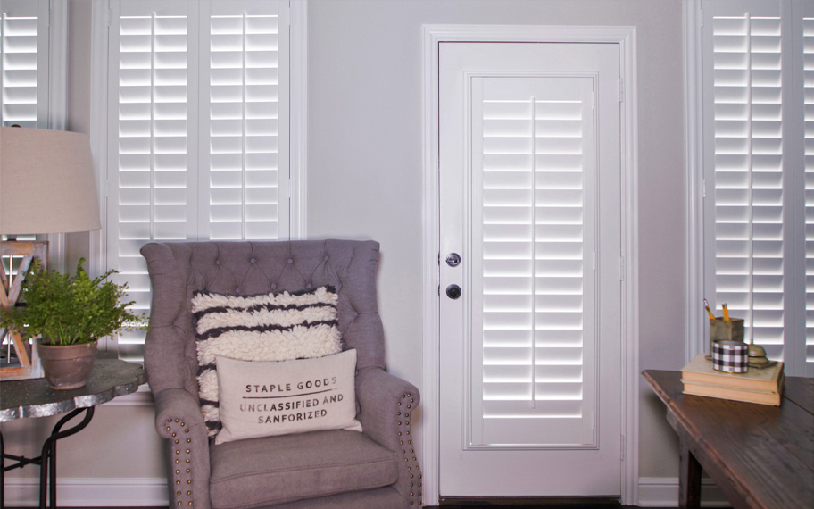Interior shutters are beautiful and durable window treatments for glass doors in San Jose. Polywood shutters on a door