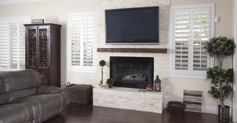 Shutters match modern spaces incredibly well. white shutters in San Jose living room