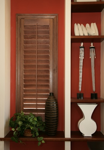 You can even coordinate your wood shutters with shelving. San Jose wood shutter shelving